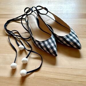 J. Crew Lily Ballet Flats Gingham Print Navy White with Ankle Wrap Size 9